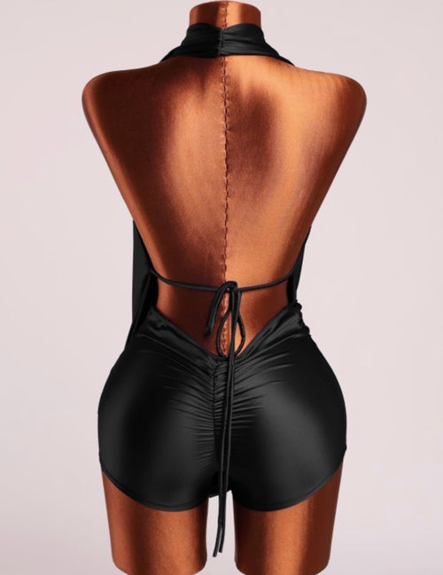 Black Luxe Satin Halter Romper